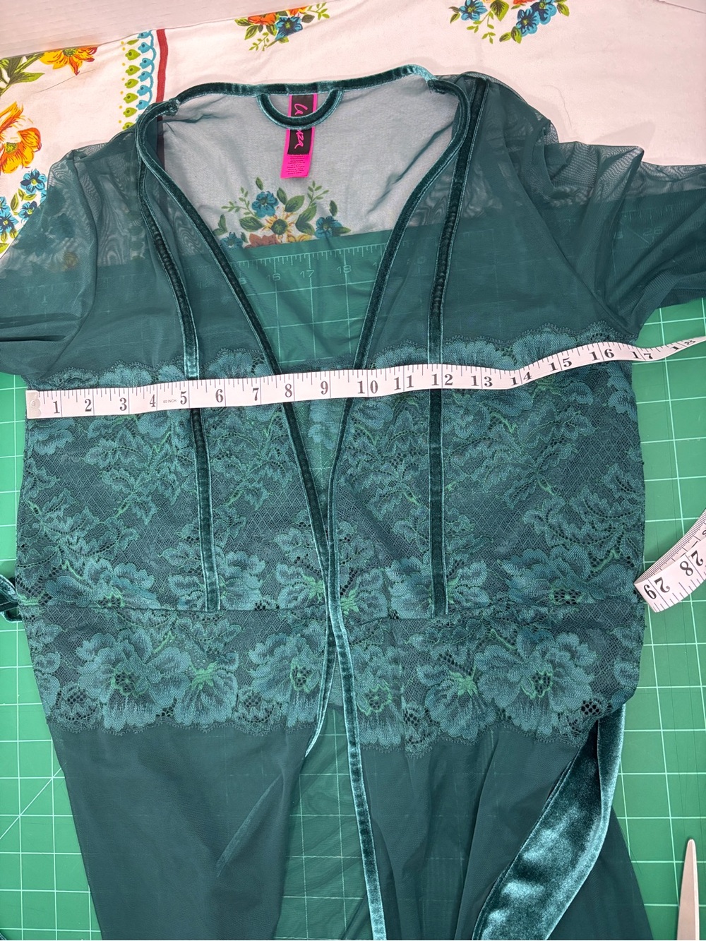 La SENZA Deep Teal Green Sheer Lace Short Robe Satin Tie Mesh Layer Sleepwear - Picture 10 of 12